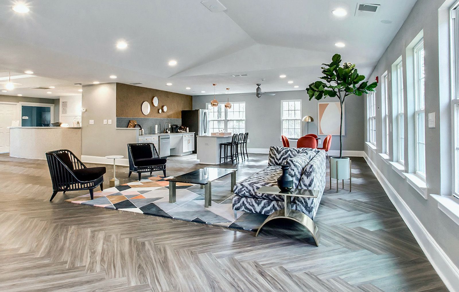 a living room with a couch and a table